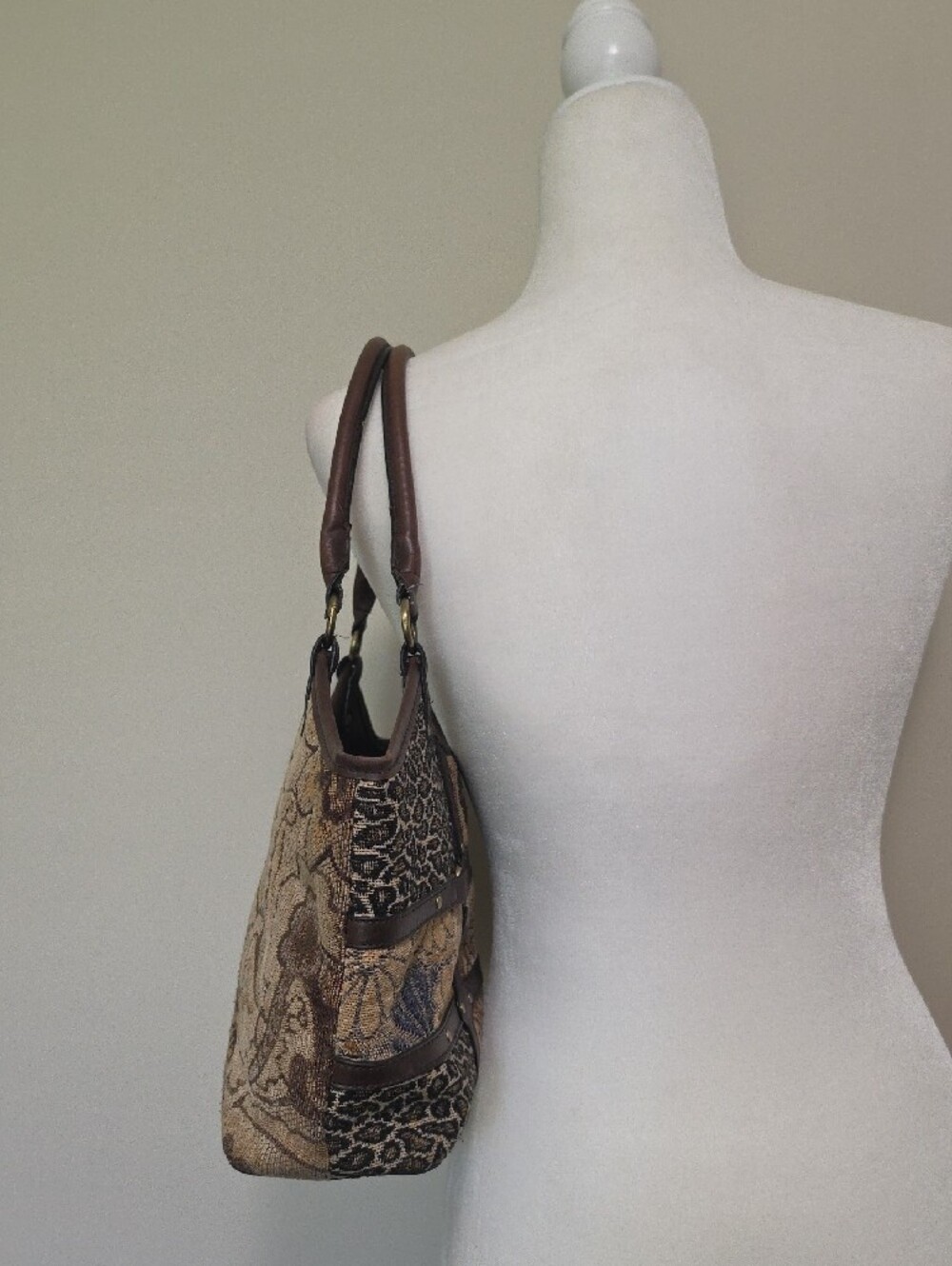Vintage Leslie Fay Patchwork Tapestry Tote Bag Shoulder Purse Y2K Boho - Picture 4 of 6